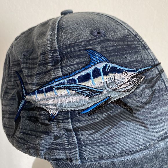 FLYING FISHERMAN Ball Cap Denim Blue Cotton Embroidered MARLIN Adjustable Hat - Picture 7 of 11